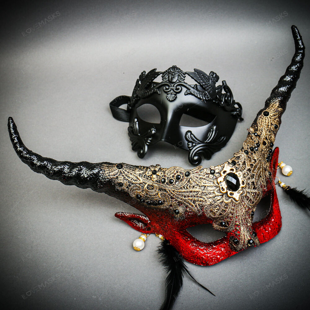 Masquerade Mask & Red & Black Horned Devil Eye Mask Couple Mask Set